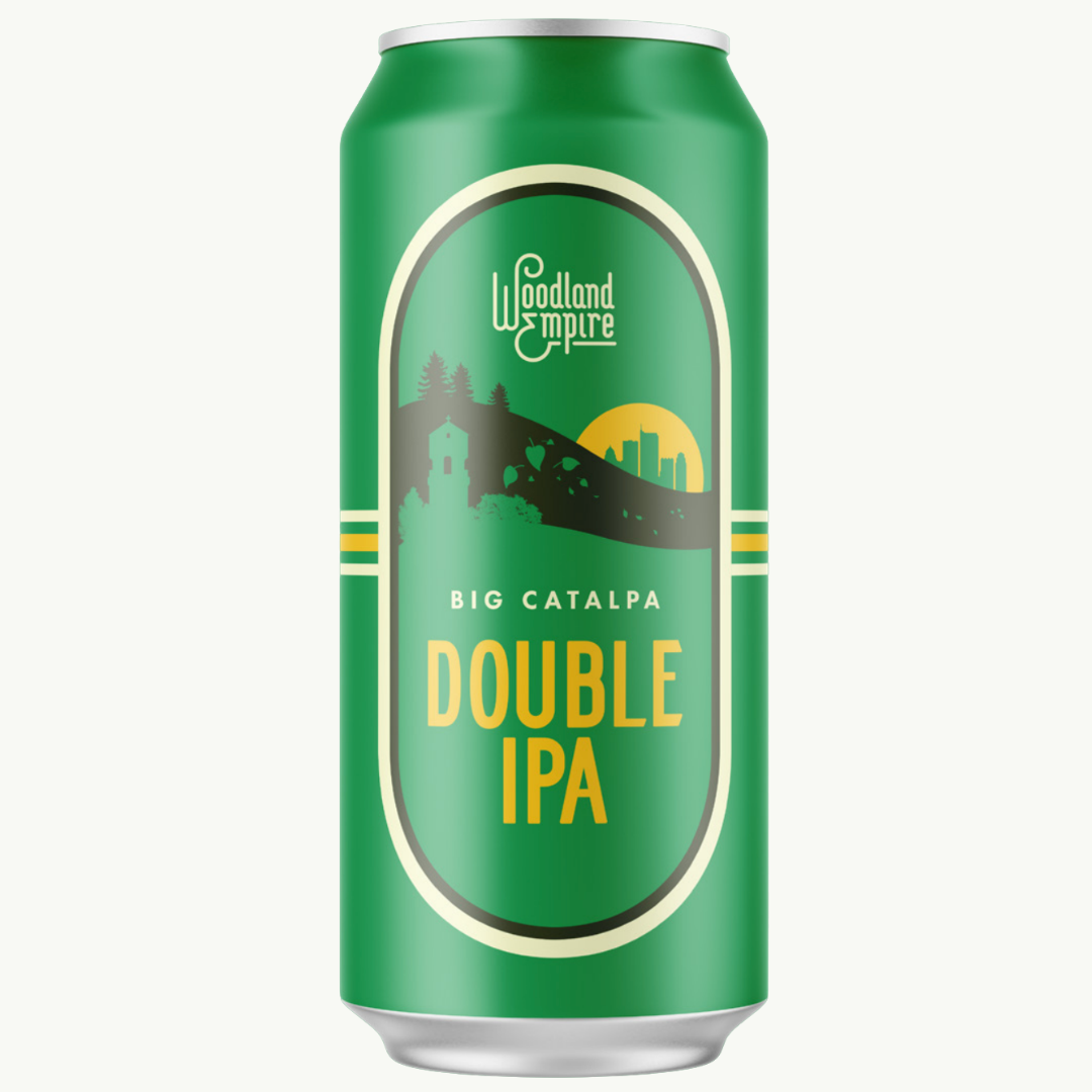 Green aluminum can of Woodland Empire Big Catlapa Double IPA beer with a scenic illustration of a landscape, trees, a tower, and city skyline.