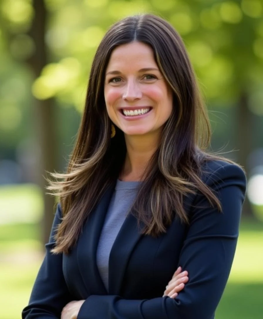 A woman with long brown hair smiling outdoors in a park with green trees.