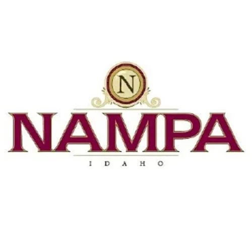 Nampa Idaho logo with a gold emblem featuring the name Nampa in large maroon letters.