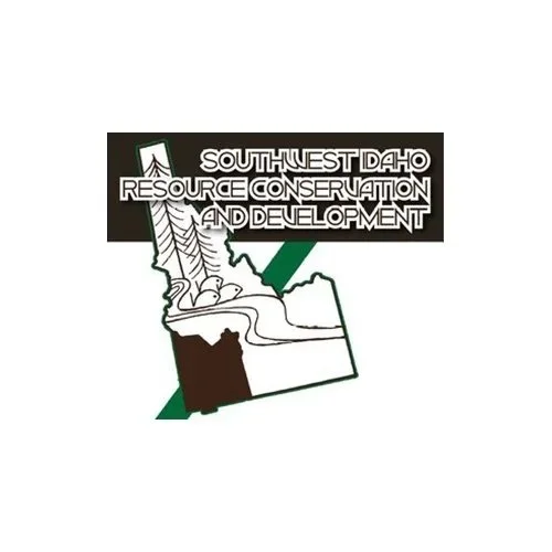 Logo for Southwest Idaho Resource Conservation and Development featuring an outline of Idaho with a mountain stream and trees.