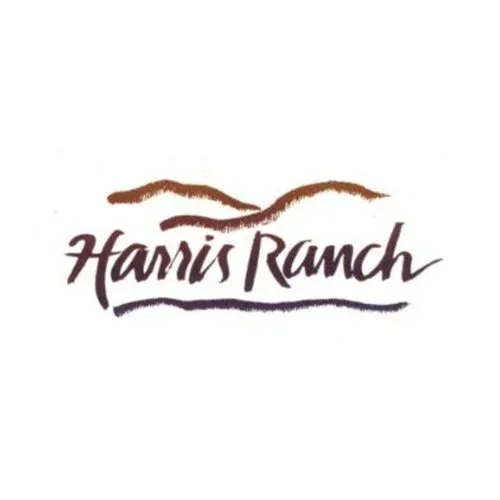 Logo for Harris Ranch featuring stylized brown mountain peaks above the company name in cursive font with a wave-like underline.