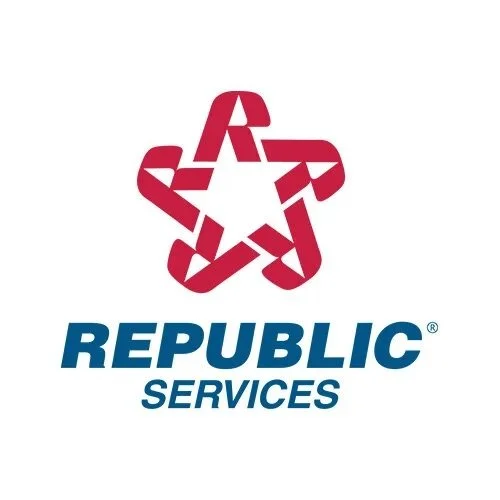 Logo of Republic Services featuring a stylized red star with a white outline and the company name in blue text.