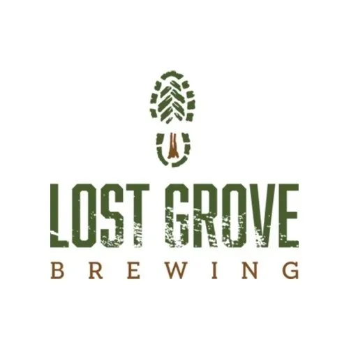Logo for Lost Grove Brewing featuring a green hiking boot print above the words 'Lost Grove Brewing' in green and brown text.