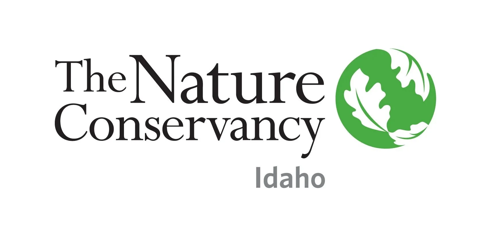 The logo of The Nature Conservancy featuring green earth with leaf patterns and the words "The Nature Conservancy" in black, with "Idaho" in gray below.