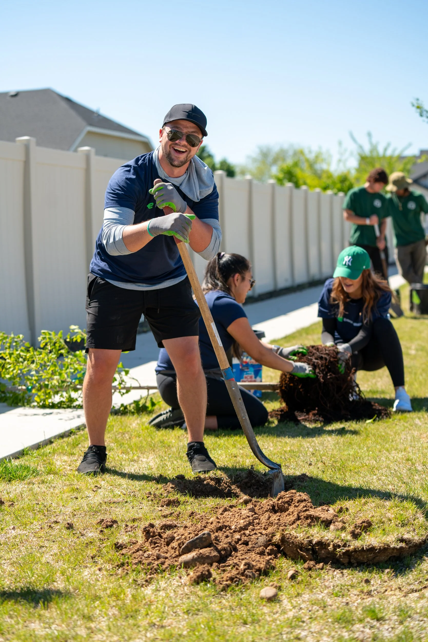People planting a tree in a backyard on a sunny day.