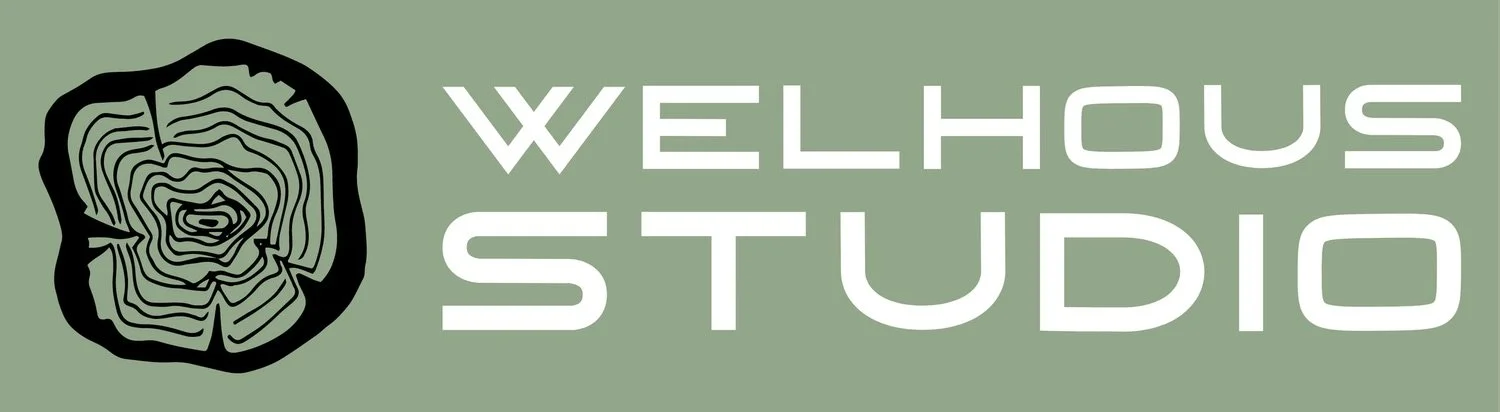 Logo for Welhouse Studio featuring a wood slice illustration and stylized text on a muted green background.