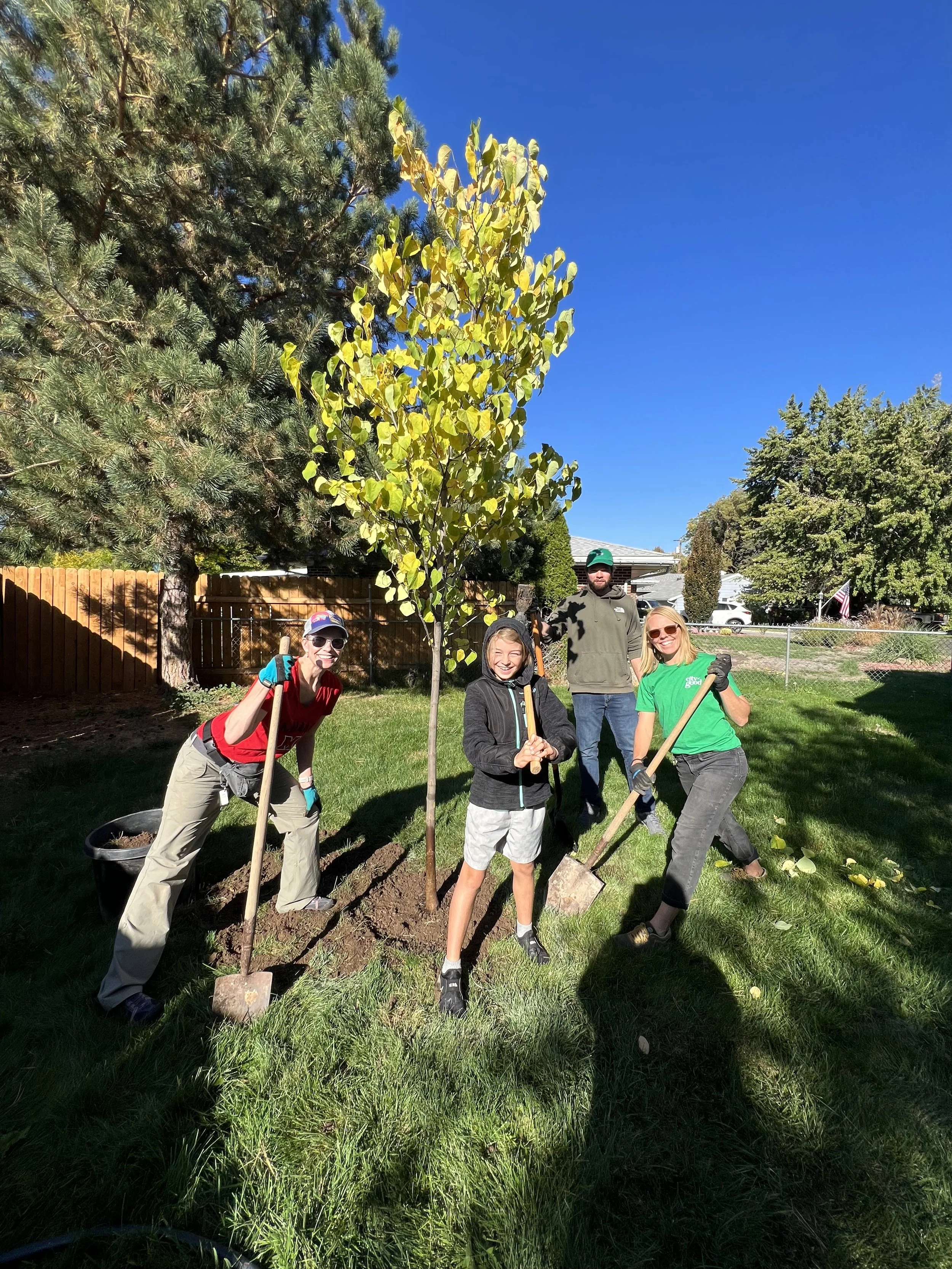 Group of four people planting a young tree in a backyard on a sunny day. Two women and a man are smiling and holding shovels, with a child in the middle also smiling. There are trees and a fence in the background.