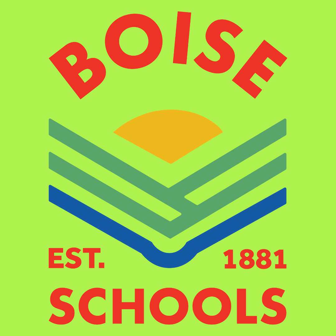Logo of Boise Schools with the text 'BOISE' at the top, a stylized open book in the center, 'EST. 1881' on either side of the book, and 'SCHOOLS' at the bottom, all set against a bright green background.