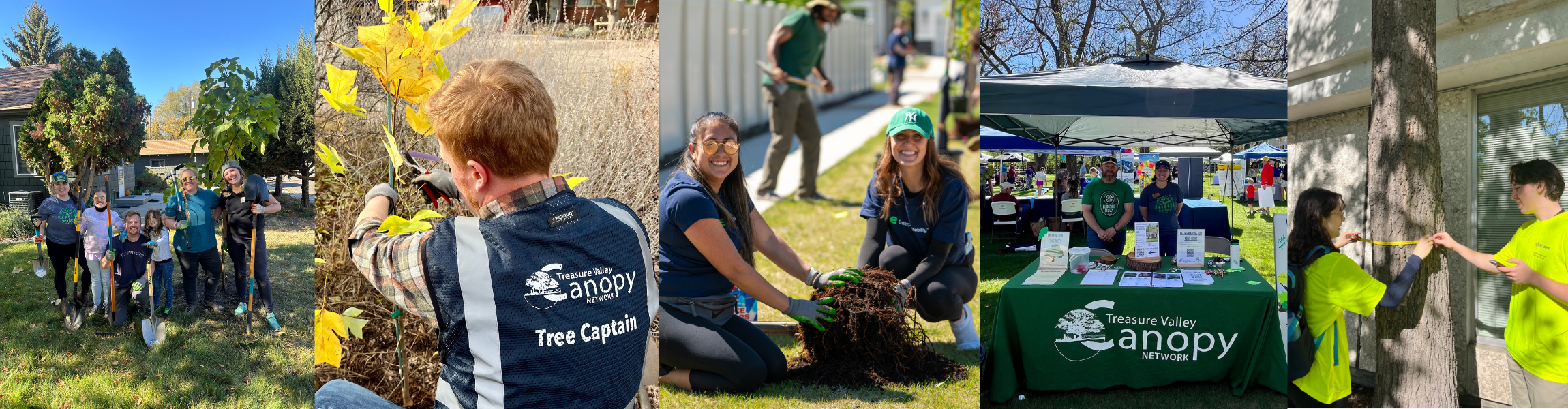 A collage of five images showing community outdoor activities. The first image shows a group of people with shovels and children outdoors in a grassy area. The second image features a boy planting a tree with yellow leaves. The third shows two women, one wearing glasses, smiling and holding a dirt mound together. The fourth image depicts an outdoor booth with a green tablecloth labeled 'Treasure Valley Canopy Network,' where two people are standing behind the table. The fifth shows two women measuring the circumference of a tree trunk with a tape measure.