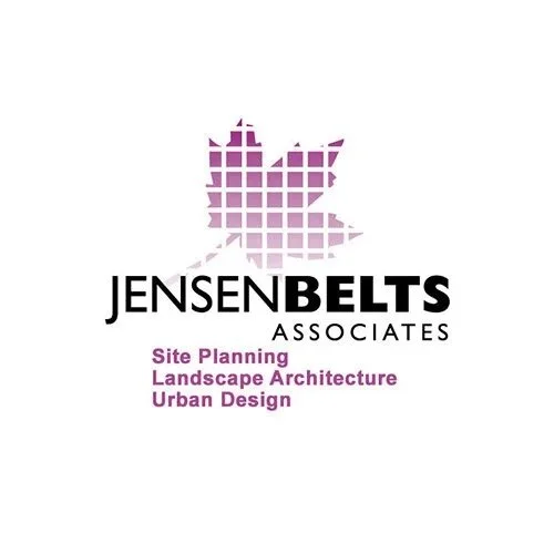 Logo for Jensen Belts Associates, a firm specializing in site planning, landscape architecture, and urban design, featuring a stylized purple map or abstract shape at the top.