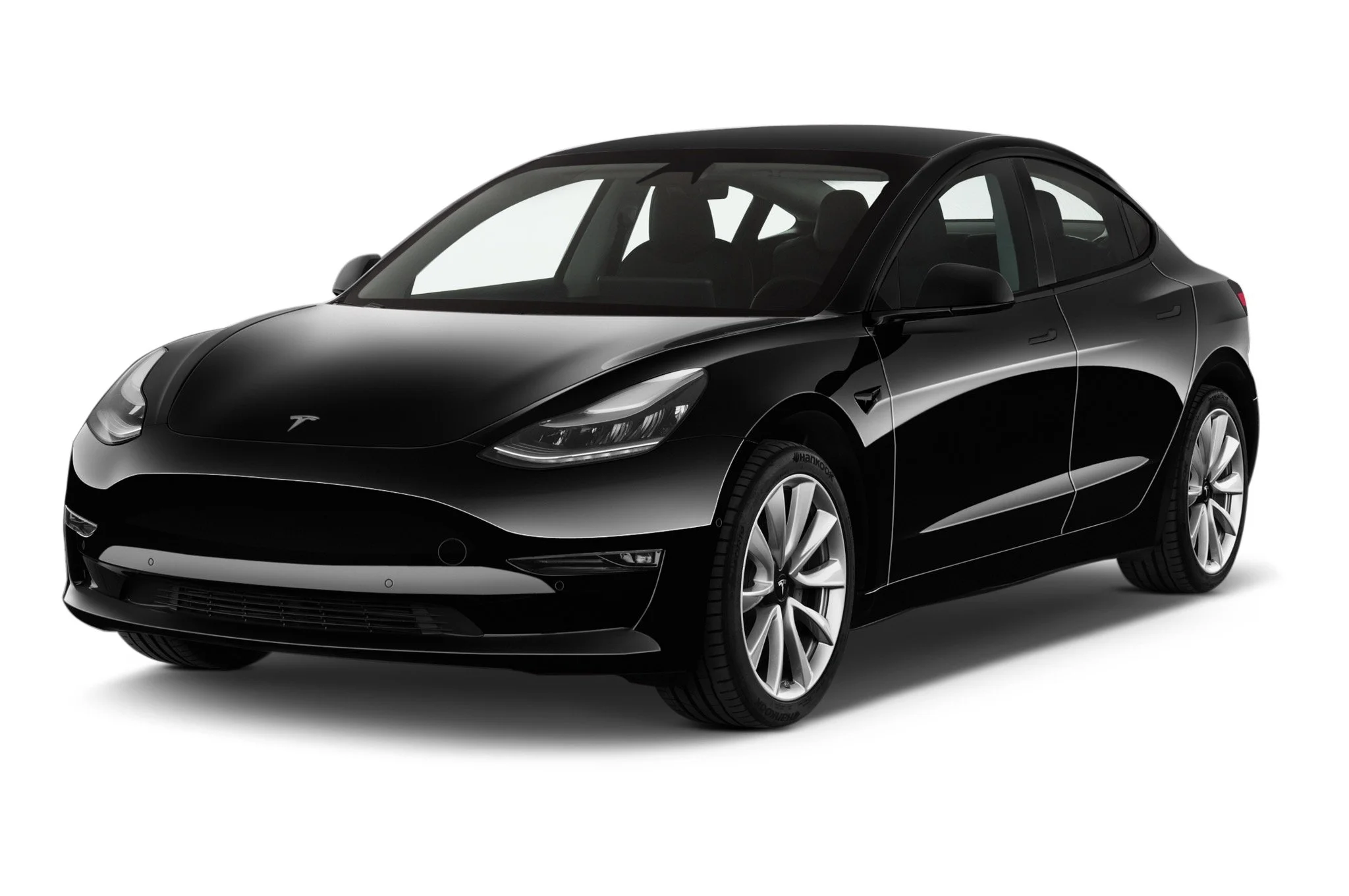 Black Tesla Model 3 electric car with sleek design and modern features, shown against a plain white background.