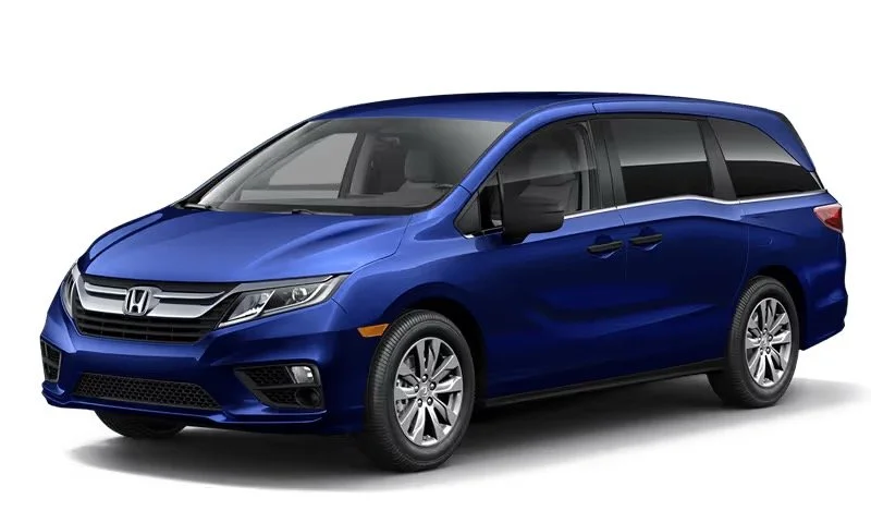 A blue Honda minivan car positioned at a three-quarter angle facing left against a plain white background.
