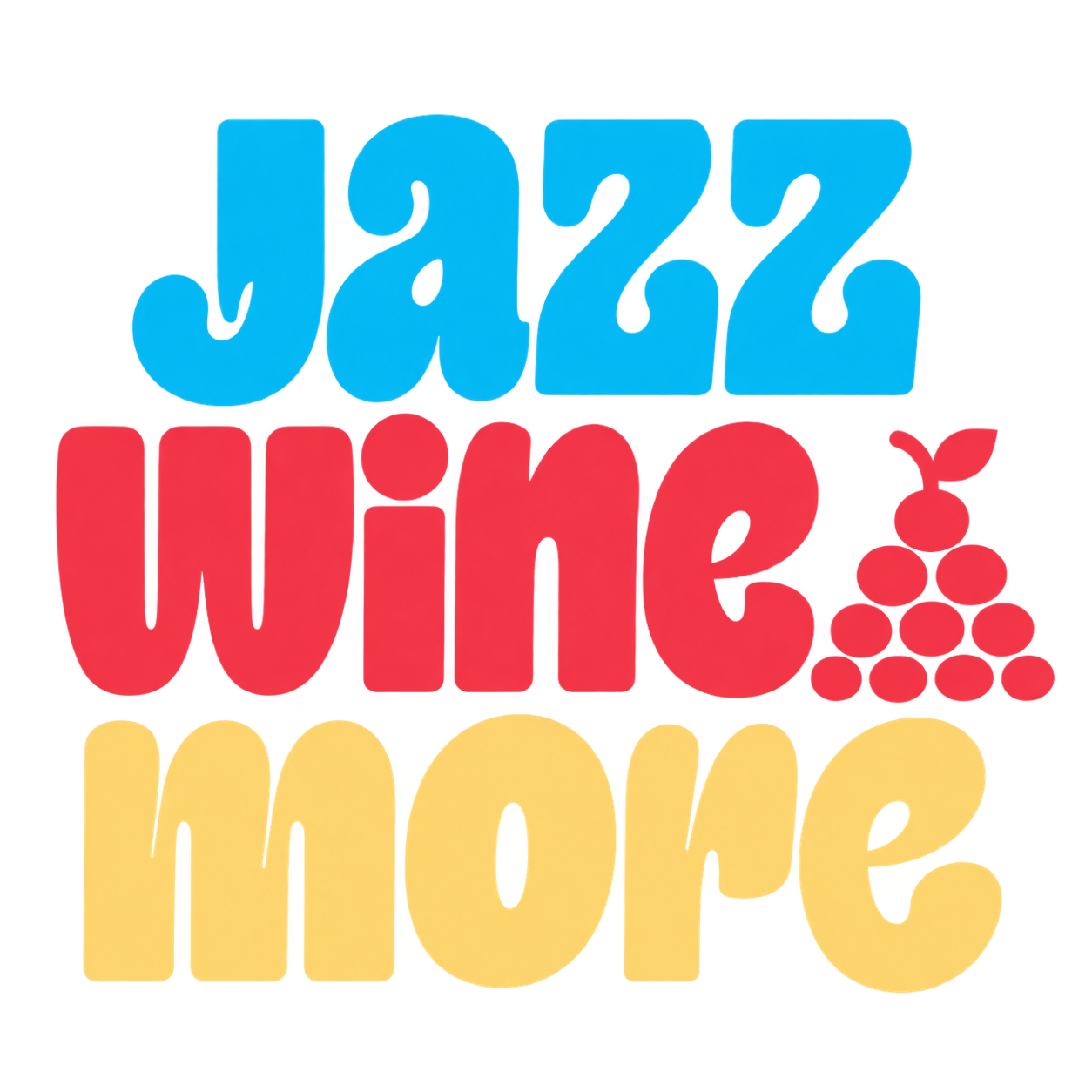 Der Schriftzug und das Logo JAZZ, WINE & MORE: 'JAZZ' in blauer Schrift, 'WINE' in roter Schrift mit Weintrauben-Logo, und 'MORE' in gelber Schrift auf einem weißen Hintergrund.