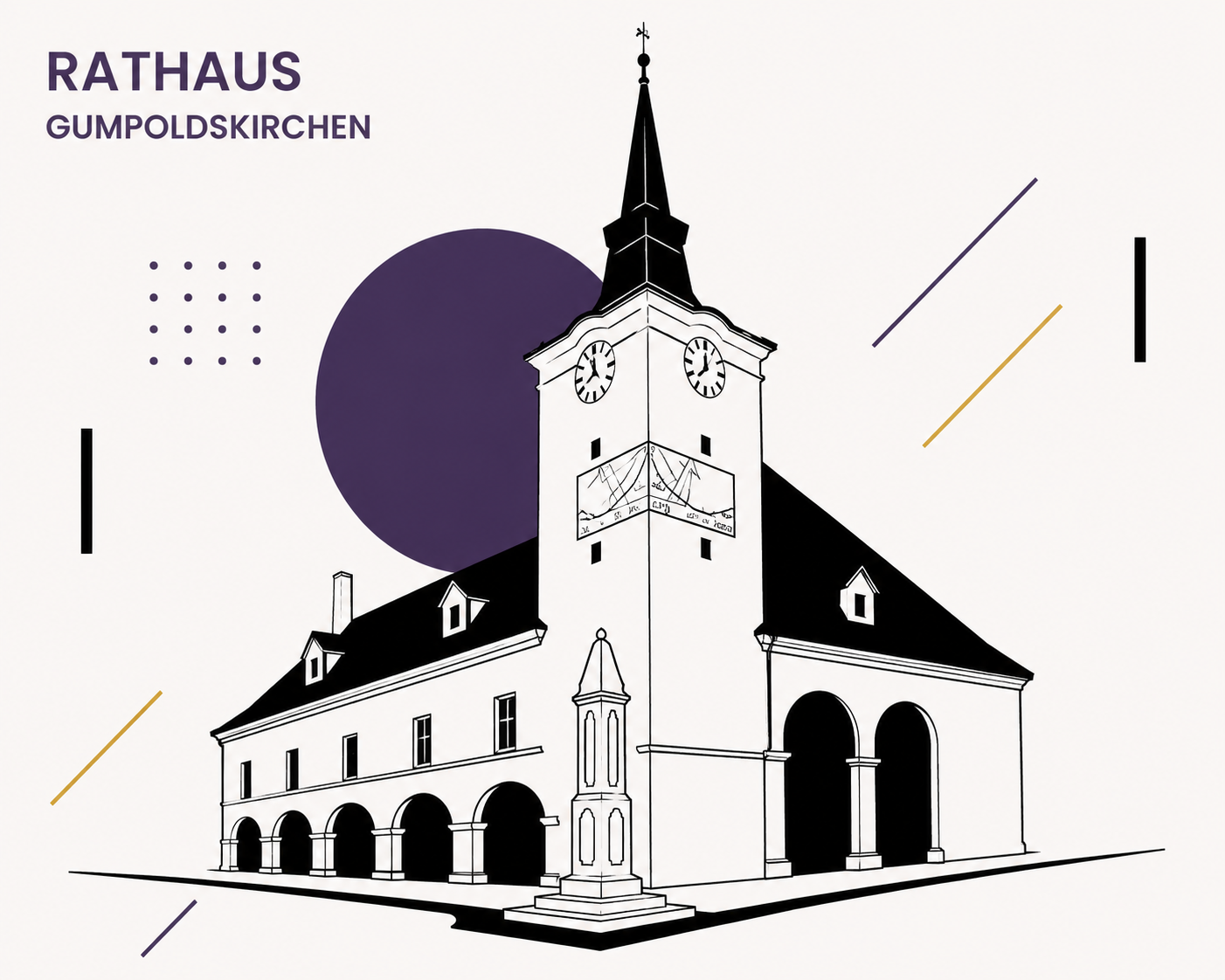 Das Rathaus in Gumpoldskirchen mit Turm, Turmuhr und umgebendem Platz - der Schrannenplatz, grafische Gestaltung mit Elementen in Lila, Schwarz und Gold.