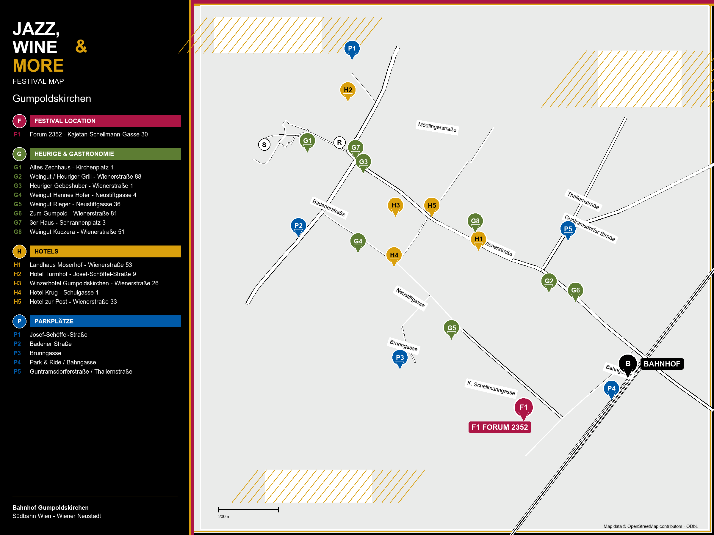 Der Lageplan des JAZZ, WINE & MORE Music Festival in Gumpoldskirchen - eine Karte mit Veranstaltungsorten, Hotels und Parkplätzen in Gumpoldskirchen, Wien.