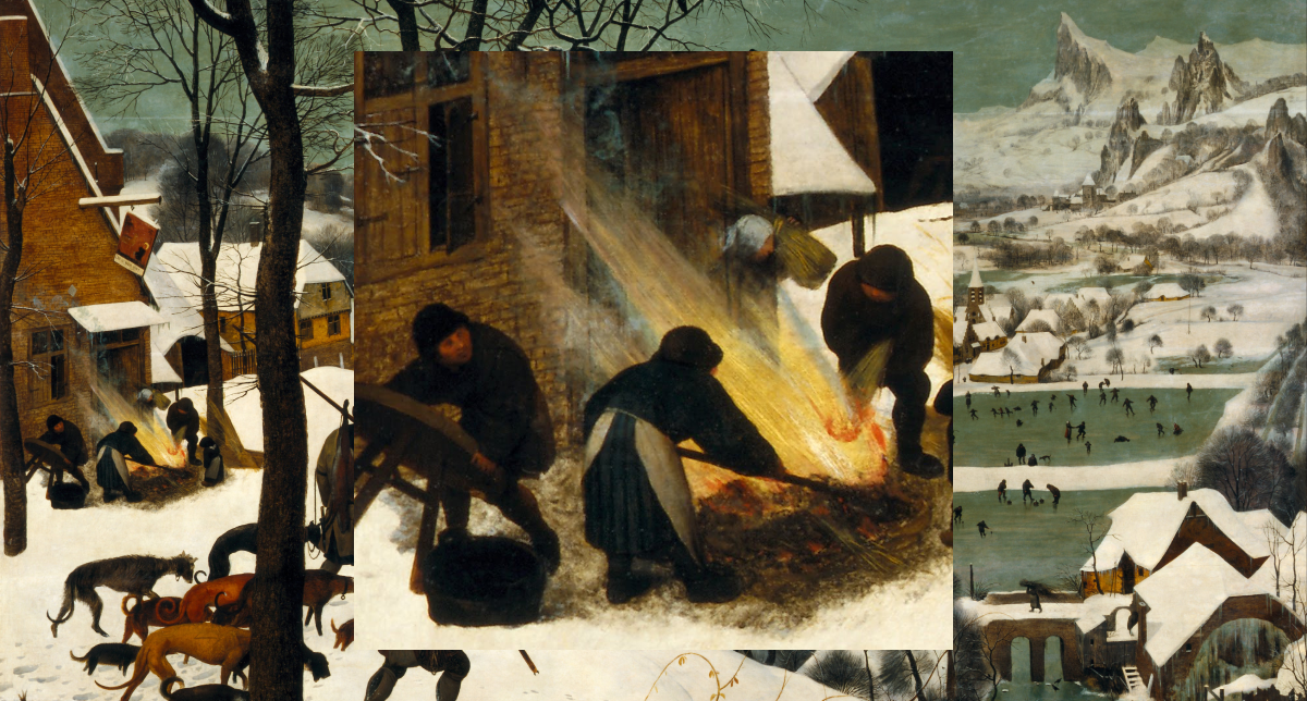 Close-up of people by a fire from Hunters in the Snow.