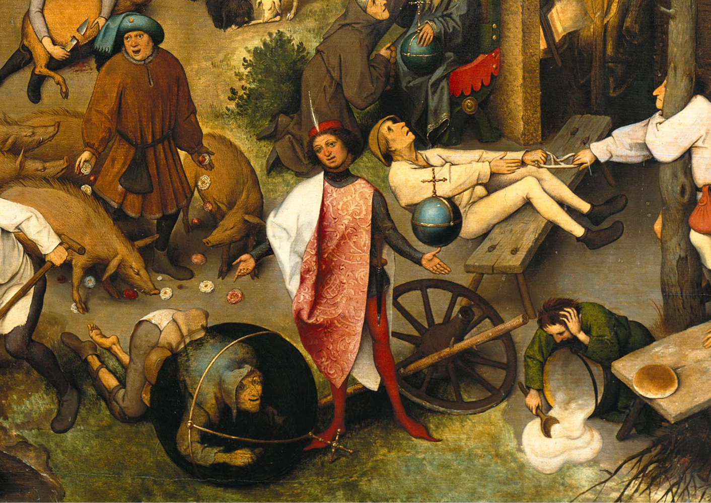 A historical painting depicting a chaotic scene with several men involved in various activities. Some are throwing or catching objects, others are drilling or working near a cannon, and there is a person encased in a spherical cage on the ground. The scene appears intense and busy, set outdoors with a rustic background.