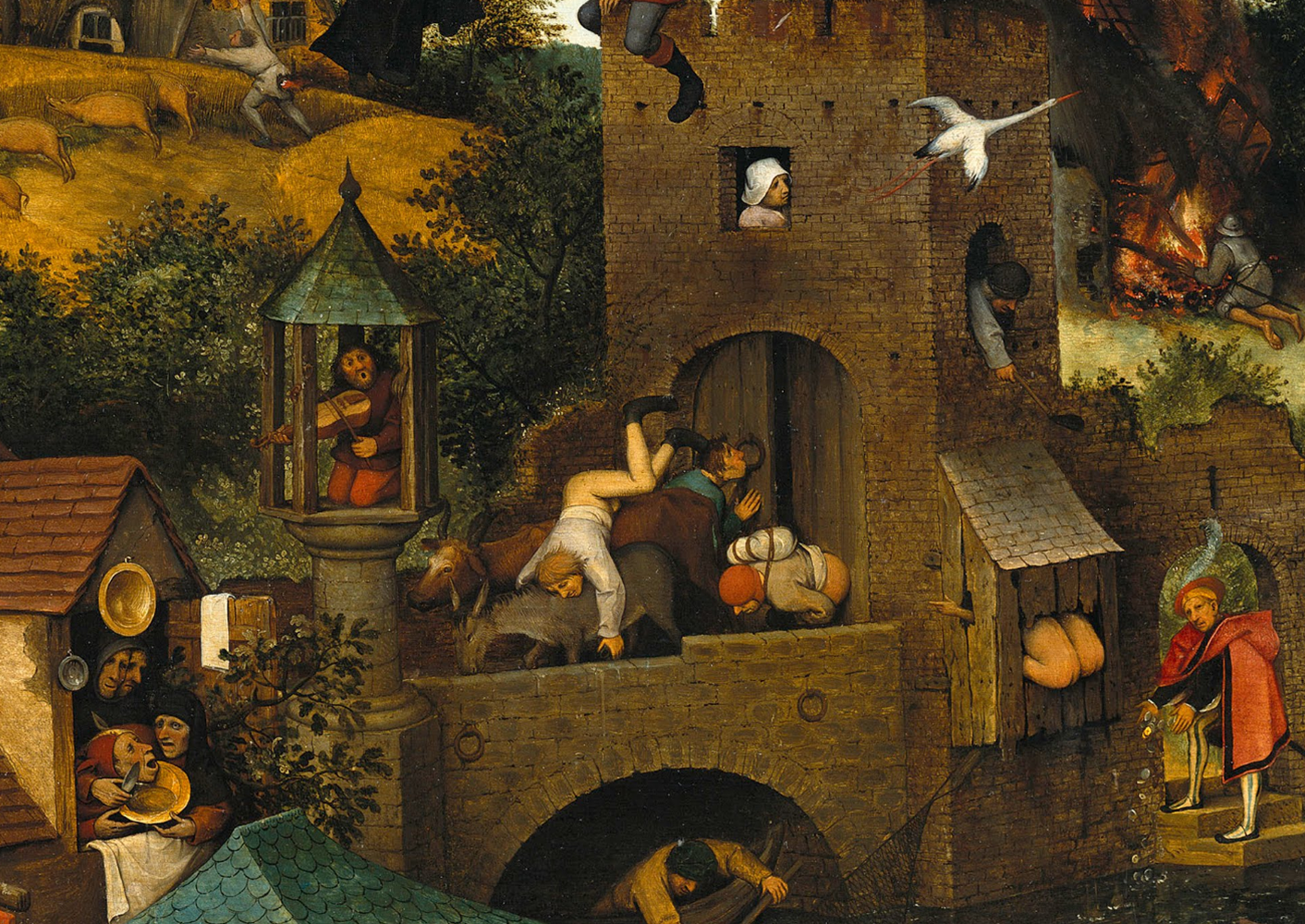 A detailed historical painting depicting a chaotic scene on a medieval bridge and surrounding buildings, with figures engaging in various activities such as pleading, fighting, and carrying objects, against a backdrop of a burning building and a dark, cloudy sky.