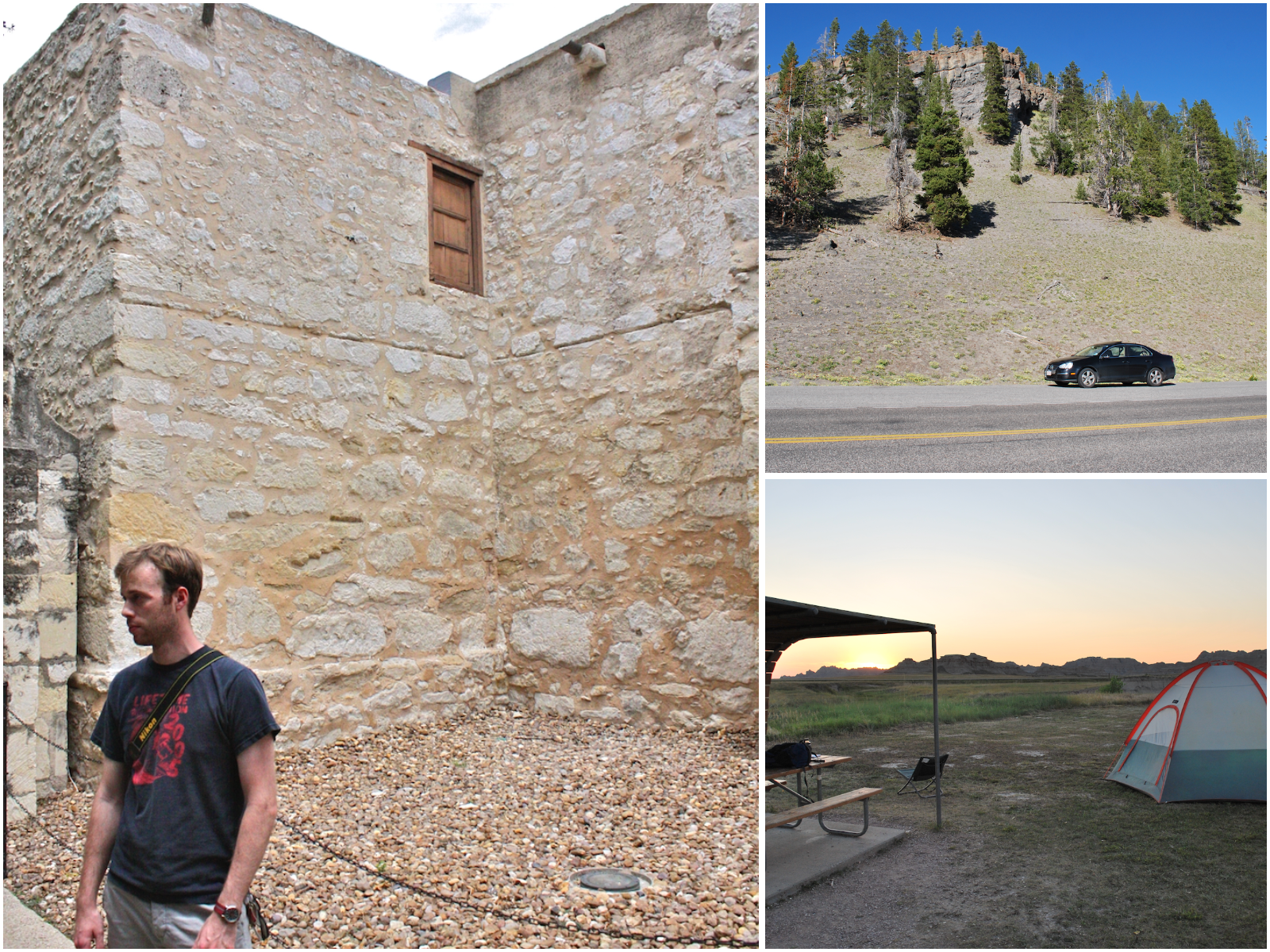 Collage with 3 images: Michael, a back Volkswagen on the side of the road, a campsite in a desert environment.