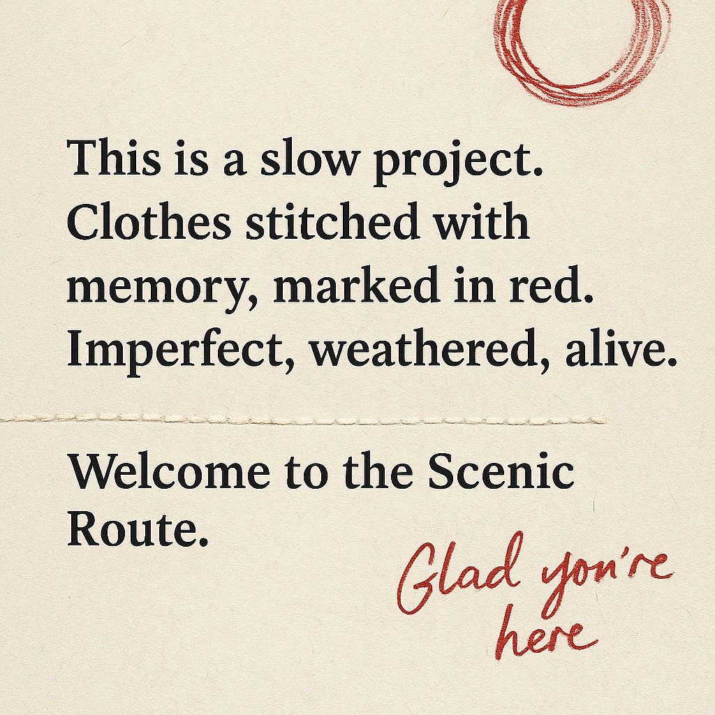 Welcome to the Scenic Route.
This is a slow project &mdash; clothes stitched with memory,
marked in red, alive with wear.
Glad you&rsquo;re here at the start.&rdquo;