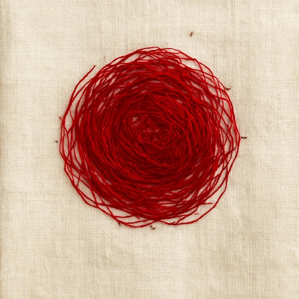 The red thread is our mark.
Not clean, not perfect, but alive.

It binds past to present, maker to wearer.
A quiet symbol of repair, of scars carried forward.
Every garment, every journey, carries its own circle.
