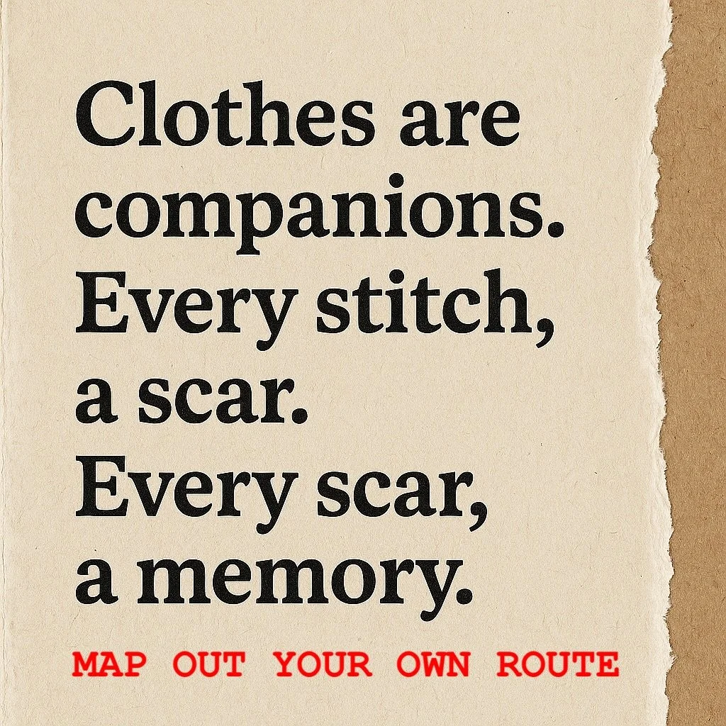 &ldquo;Not the highway. Not the fast lane. The Scenic Route is slower, marked in red, mapped by scars. Map out your own route.&rdquo;

-
#ScenicRouteClothing #TattooForClothes #SlowMade #RedThread #WabiSabiStyle #scenicroute
