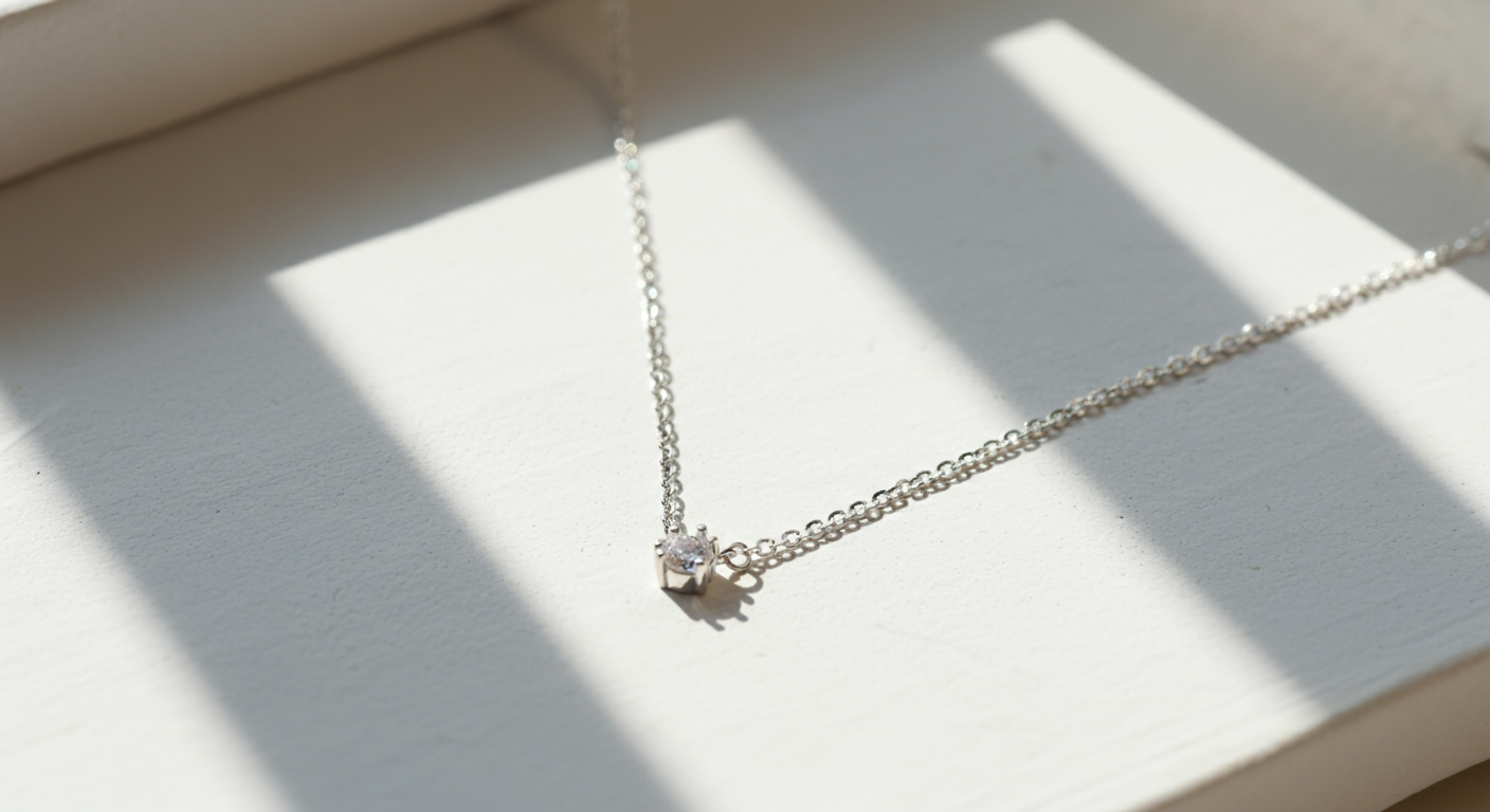 Silver necklace with a diamond pendant resting on a white surface with shadows.