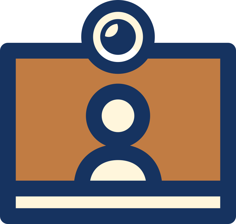 A simplified image of a computer with a video camera, on the screen is the image of a person.