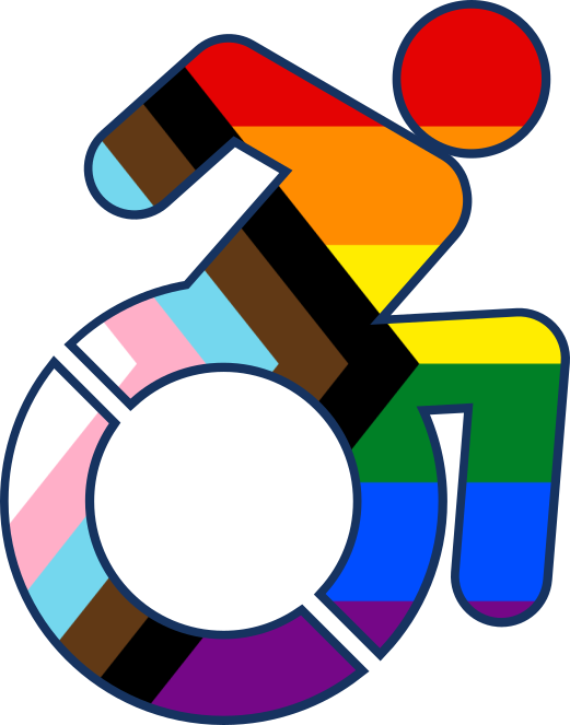 A simplified image of a person in a wheelchair, with a Progress Pride flag inside of the logo.