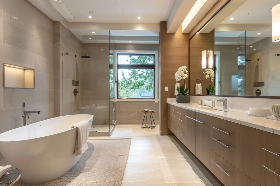 Modern bathroom with a bathtub, glass-enclosed shower, large mirror, wooden cabinets, and potted orchids.