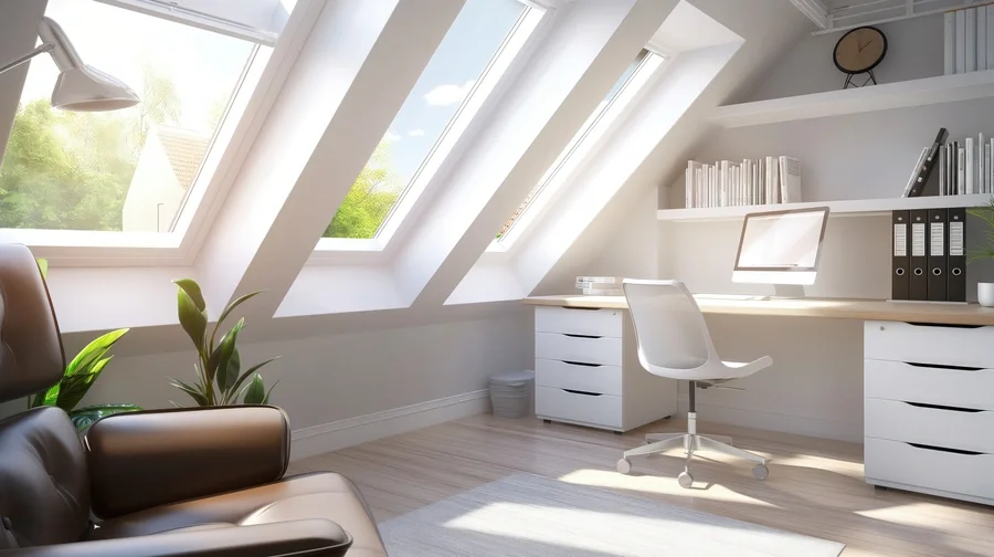 Bright home office space with slanted skylight windows, a desk with a computer, white shelving with books and binders, a white office chair, a small gray trash bin, and a brown leather armchair with green plants nearby.
