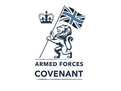 Logo of UK armed forces covenant featuring a crowned lion holding a Union Jack flag.