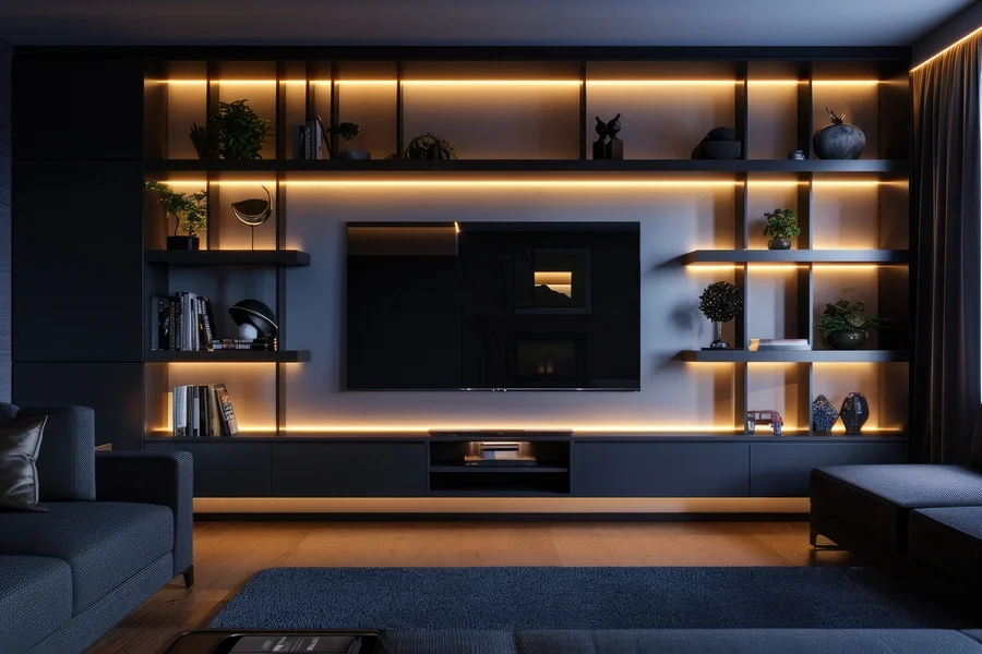 Modern living room with a wall-mounted flat-screen TV surrounded by illuminated modern black shelving with plants, books, and decorative objects. Couch and ottoman in the foreground, dim ambient lighting highlights the shelves.