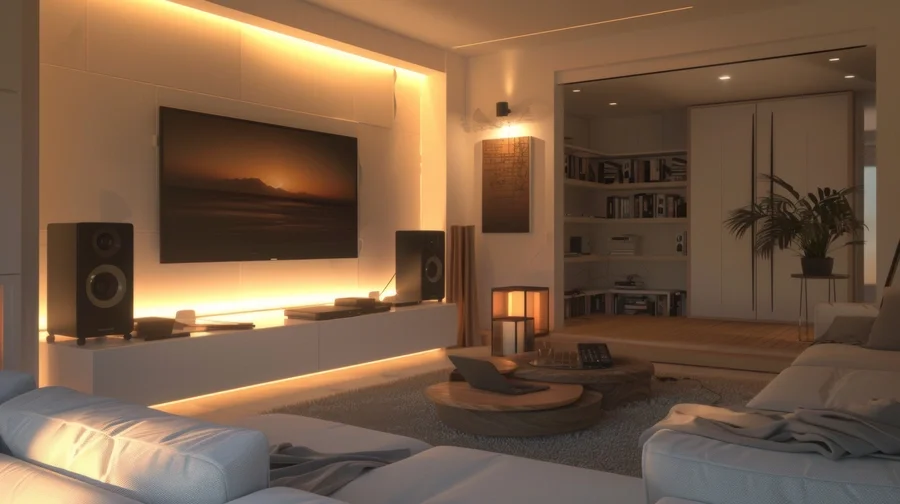 Modern living room with a wall-mounted TV, illuminated by warm ambient lighting, with speakers on a white media console, a white sectional sofa, a coffee table with books and a laptop, and a bookshelf with cabinets and a potted plant in the background.