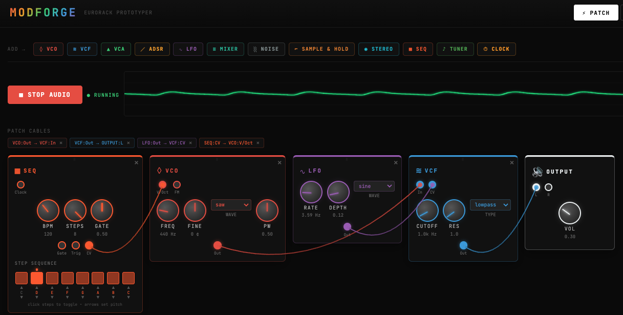 Screenshot of the MODFORGE Eurorack synthesizer interface showing various modules and patch cables connecting them, with a dark background and color-coded controls.