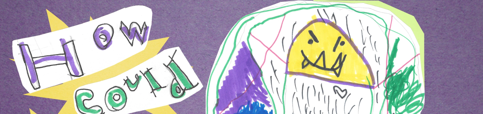 Colorful drawing of a piece of paper with the words "Hi Owl" and "SQUISH" written on it, and a colorful, childlike doodle of a smiling, yellow creature with a purple patch, divided into sections with various scribbles and small heart symbols, all on purple background.