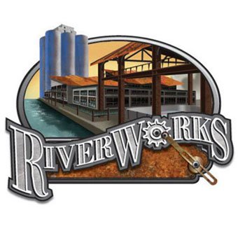 Logo of Riverworks featuring an industrial building, silos, water, and the name Riverworks with a gear and paddle wheel design.