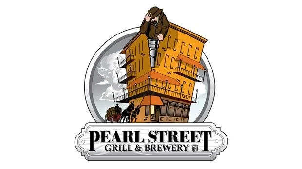 A graphic illustration of a woman sitting on the edge of a multi-story building, with a moon in the background, a horse-drawn carriage, and the text 'Pearl Street Grill & Brewery'