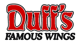 Duff's Famous Wings logo with red text and black slogan on white background.