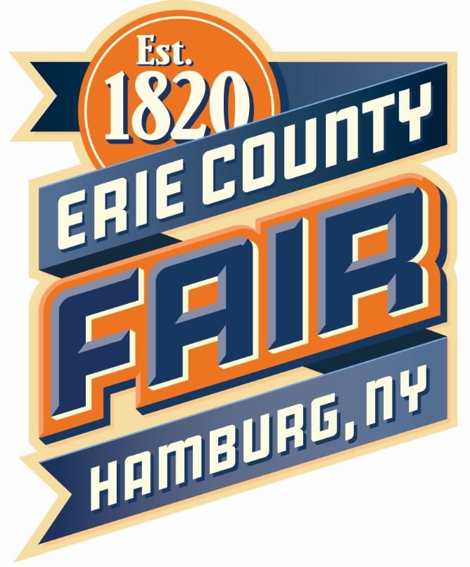 Logo for Erie County Fair established in 1820 in Hamburg, NY with bold blue and orange lettering