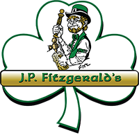 Logo of J.P. Fitzgerald's featuring a shamrock with a caricature of a man in traditional Irish attire playing an Irish flute or penny whistle.
