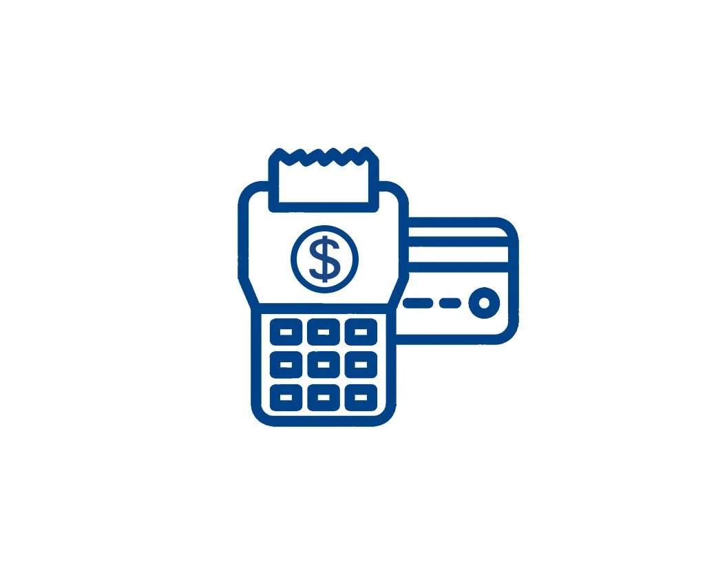 Icon of a credit card, a cash register with a dollar sign, and a credit card. 