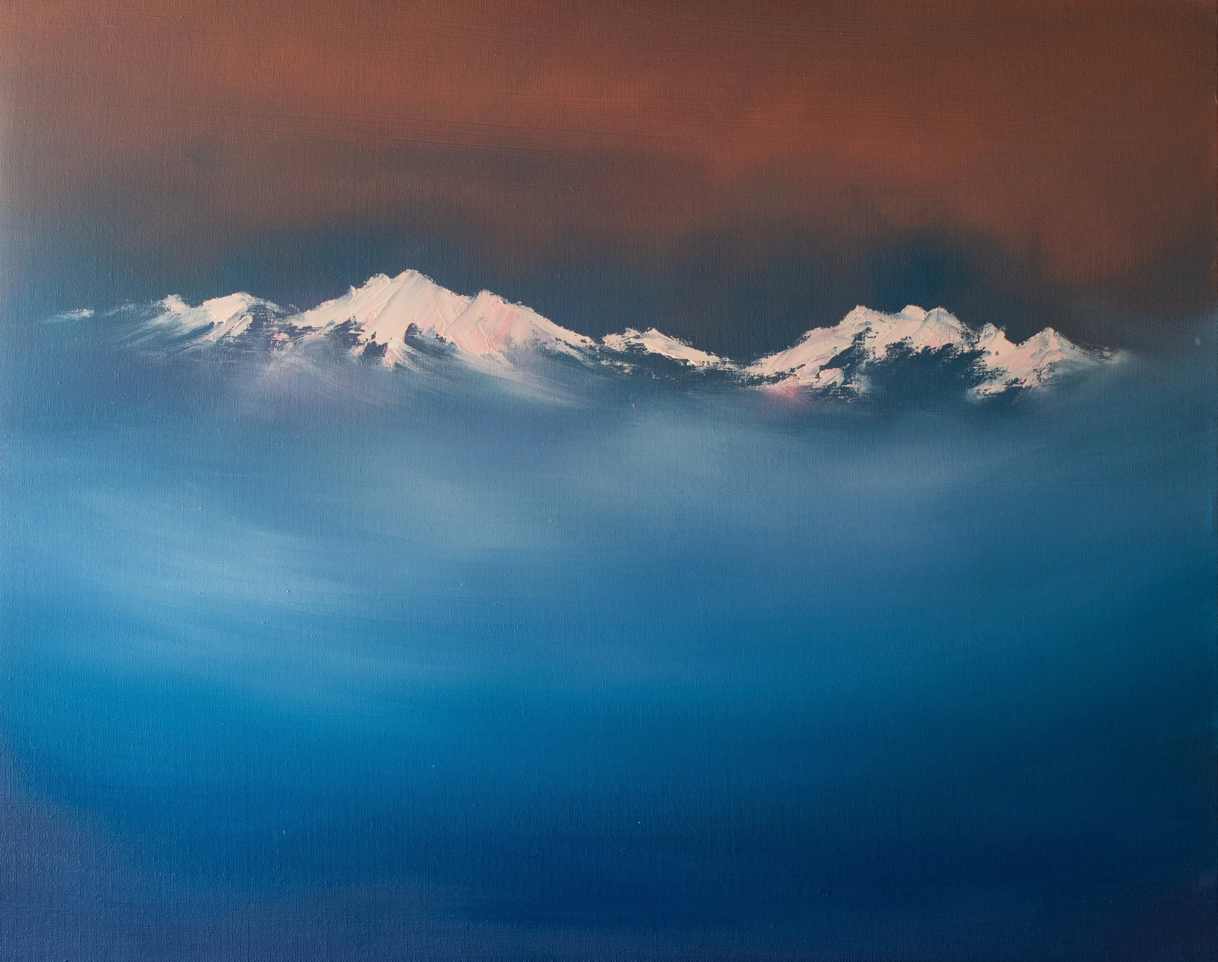 Above the Clouds contemporary mountain art painting with snow peaks and blue mist by Cat Goward.jpg