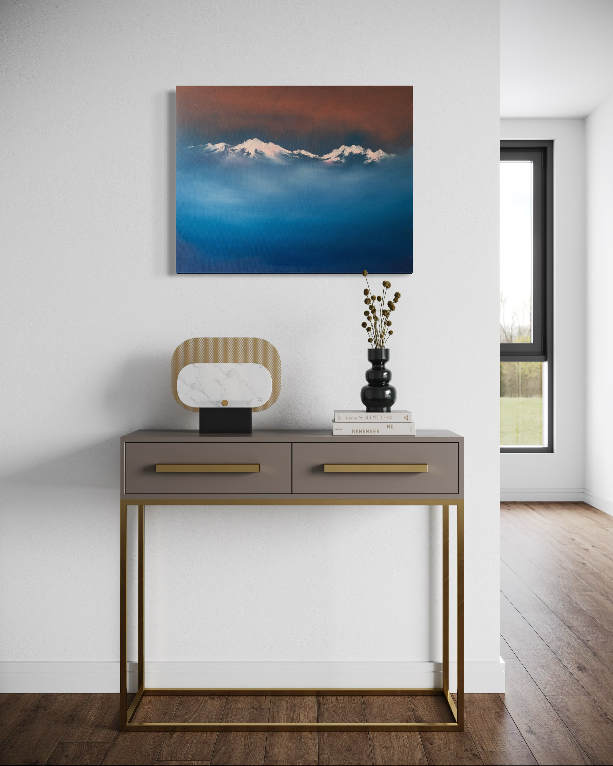 Above the Clouds contemporary mountain art painting with snow peaks and blue mist by Cat Goward.png