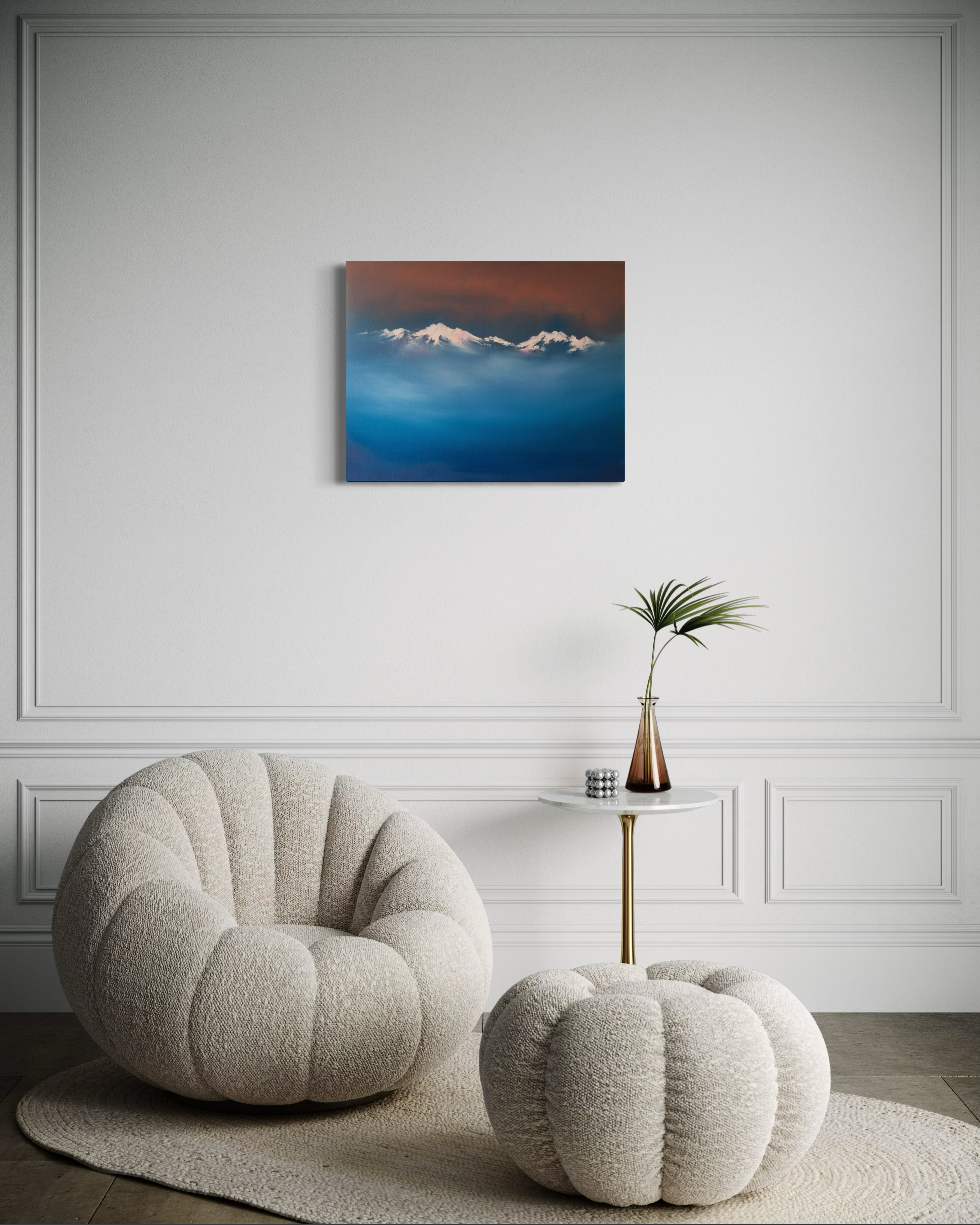 Above the Clouds contemporary mountain art painting with snow peaks and blue mist by Cat Goward.png