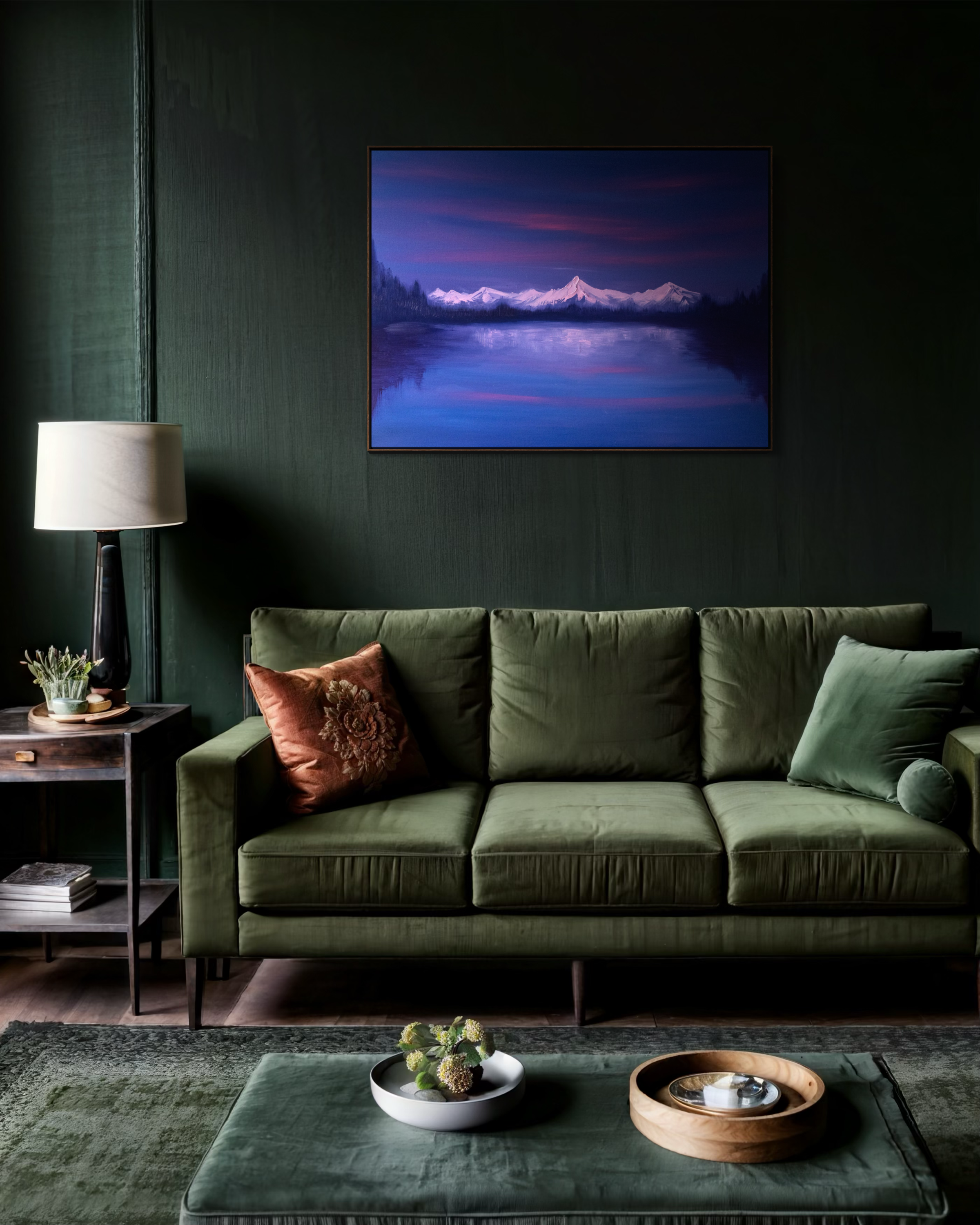 Abstract mountain painting, Twilight Reflection by Cat Goward