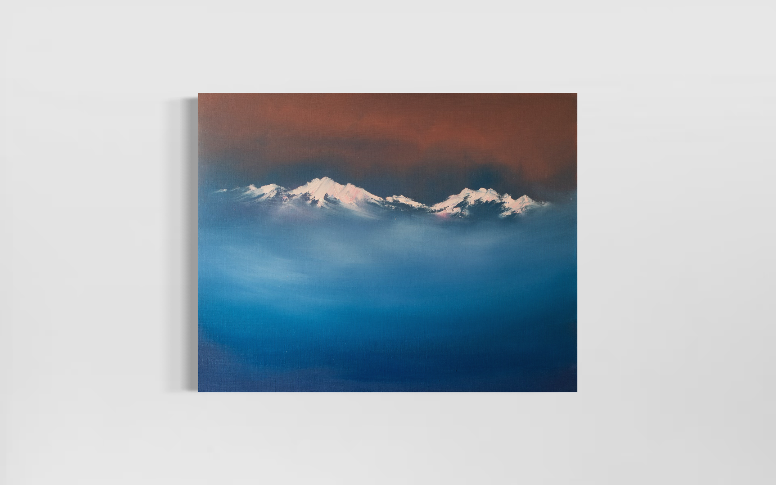 Above the Clouds contemporary mountain art painting with snow peaks and blue mist by Cat Goward.png