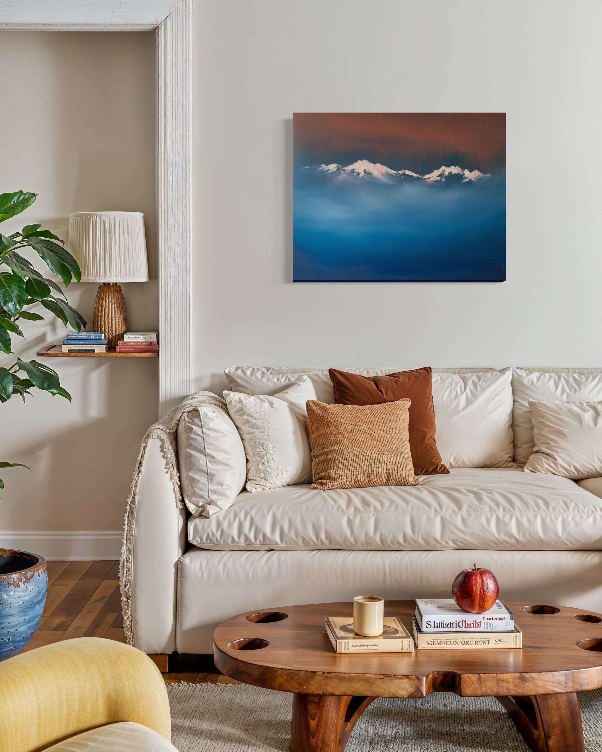Above the Clouds contemporary mountain art painting with snow peaks and blue mist by Cat Goward.png
