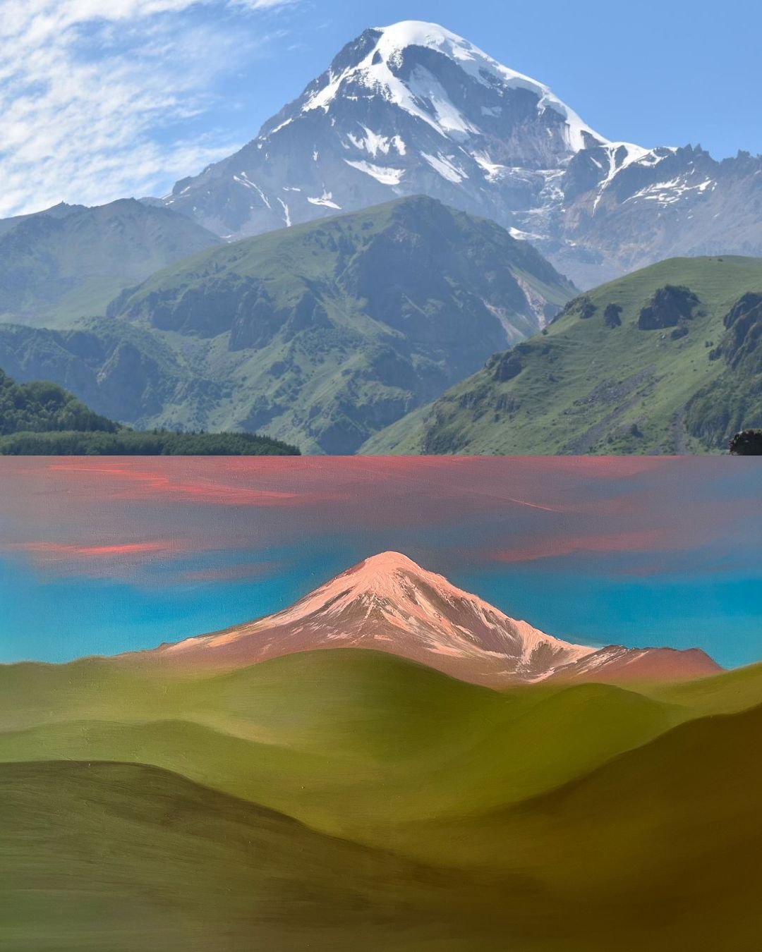 before and after of Mount Kazbek