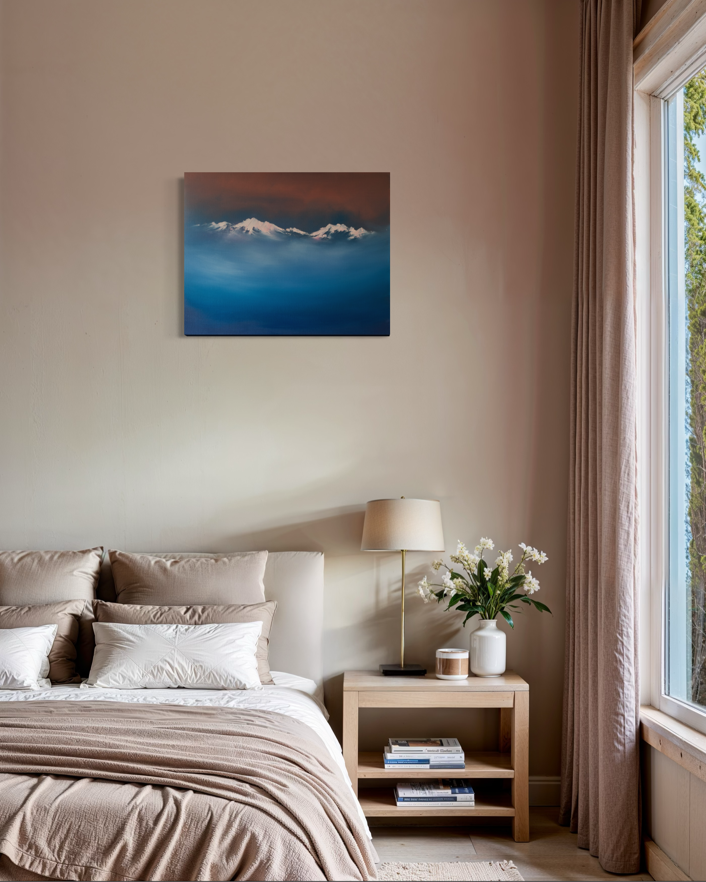 Above the Clouds contemporary mountain art painting with snow peaks and blue mist by Cat Goward.png